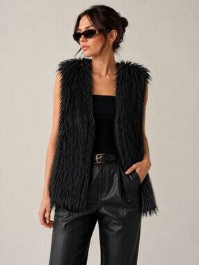Rose& Queen Black Faux Fur Long Vest
